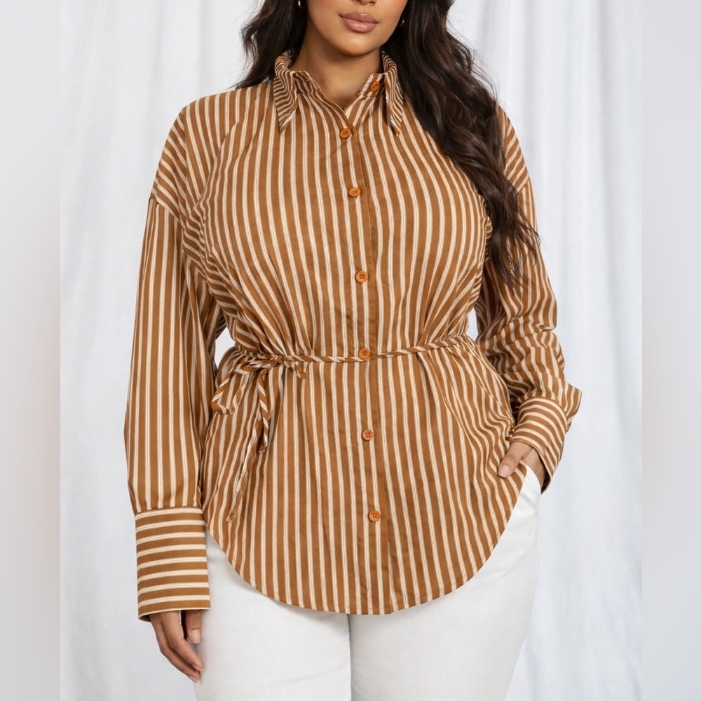 Boohoo Brown & White Striped Button Down Shirt Belted Cotton Top US 10 (1240)